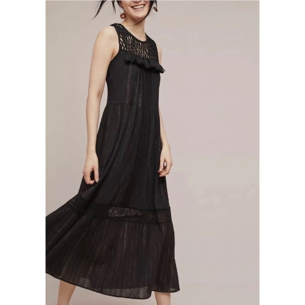 Maeve Anthropologie Black Crochet Tassel Metallic Stripe Tiered Maxi Dress M